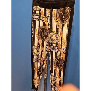 Matching Tracksuit Jacket & Pants With Chain & Greek Key Print Black/White/Gold